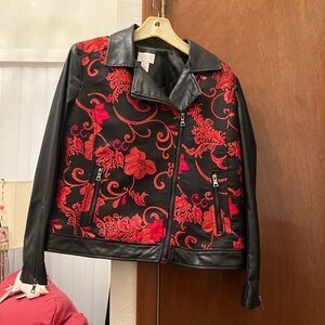 Chico's Black and Red Floral Leather Jacket